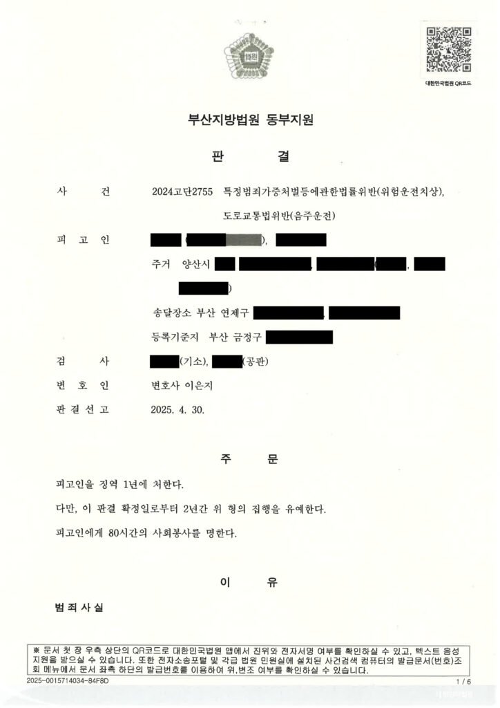 김해위험운전치상변호사 - 야간 도시고속도로 음주운전 위험운전치상 사건 사례 자료 1