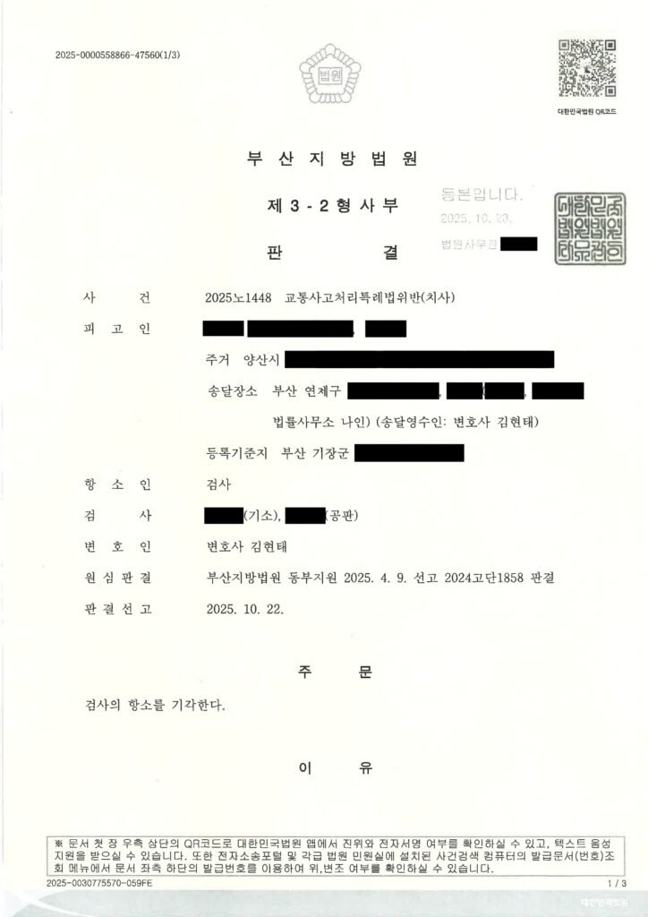 김해교통사고사망변호사 - 야간 도로 중앙 보행자 충돌 사건 사례 자료 1